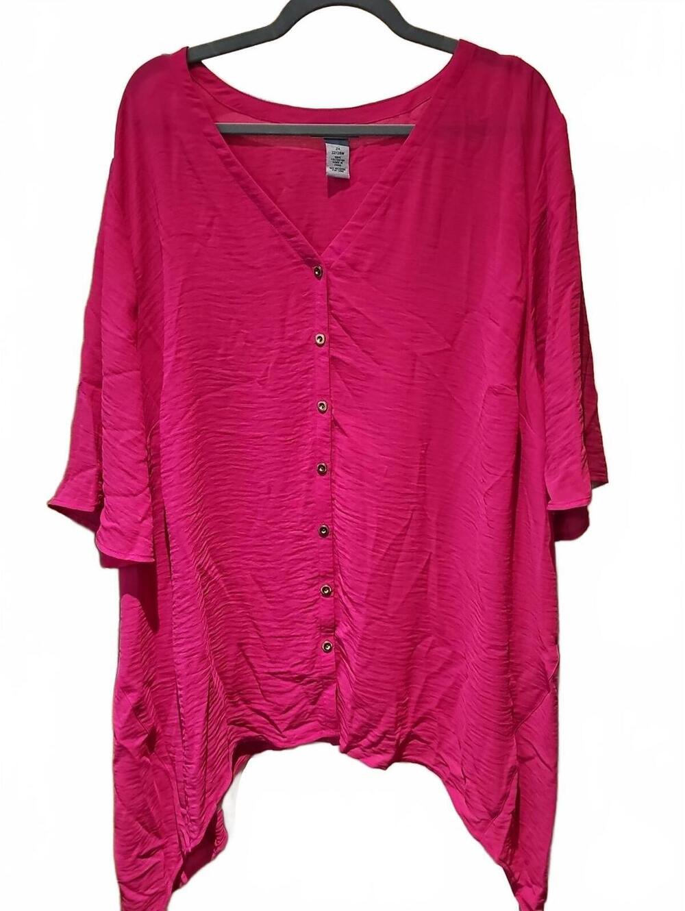 Catherines Boho Full Button Blouse Semi Sheer Asymmetrical Hem Fuchsia 2X 22/24W